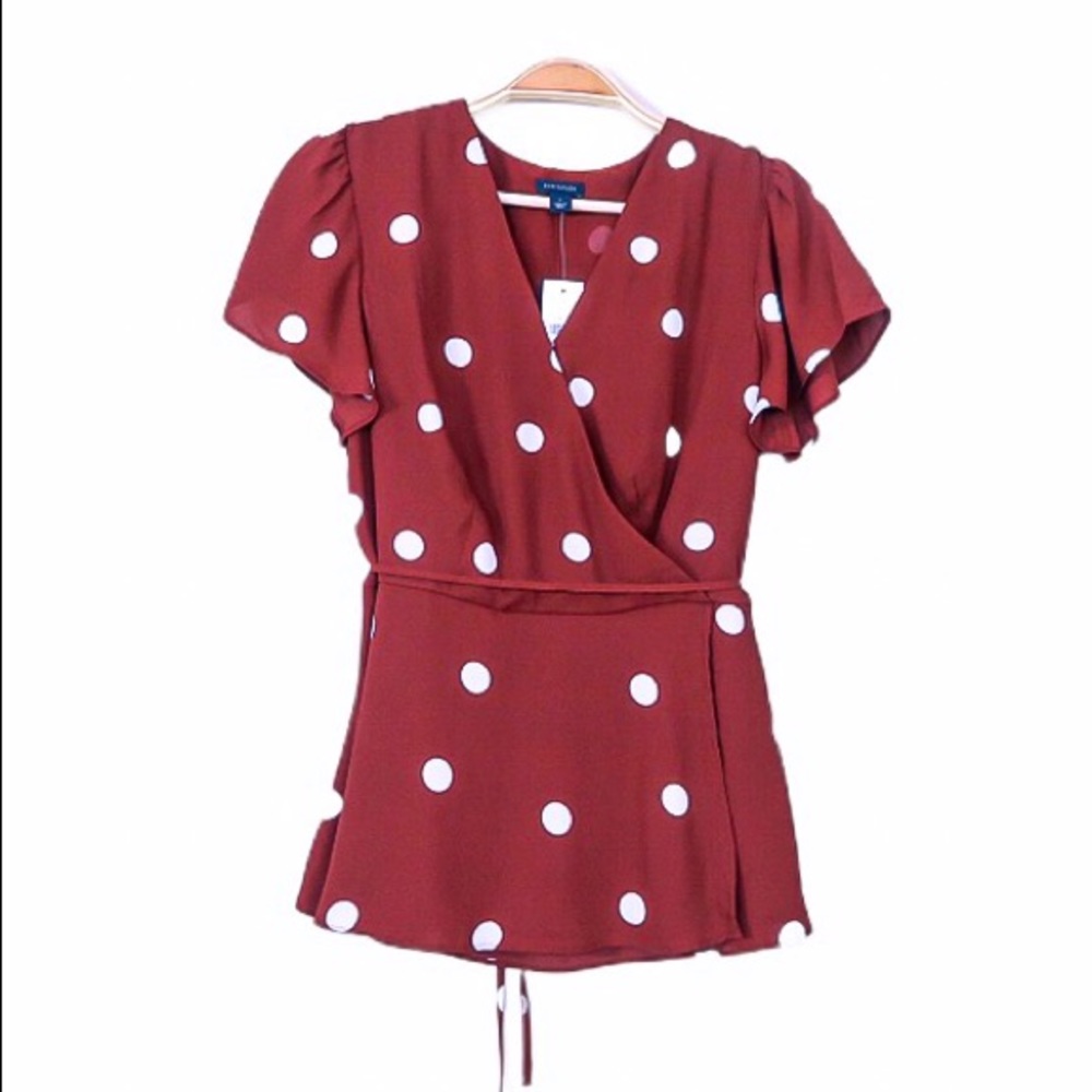 ANN TAYLOR Wrap Shirt Polka Dot Short Sleeve